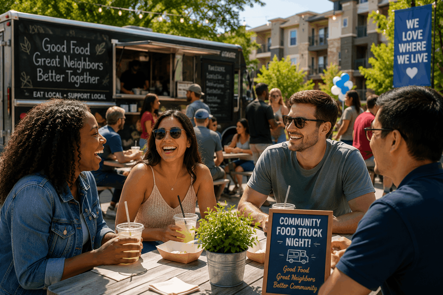 Apartment residents attending a community food truck event.