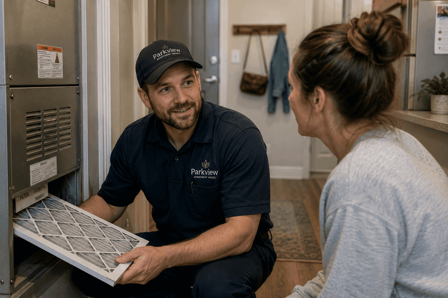 Apartment maintenance technician providing seasonal maintenance tips.
