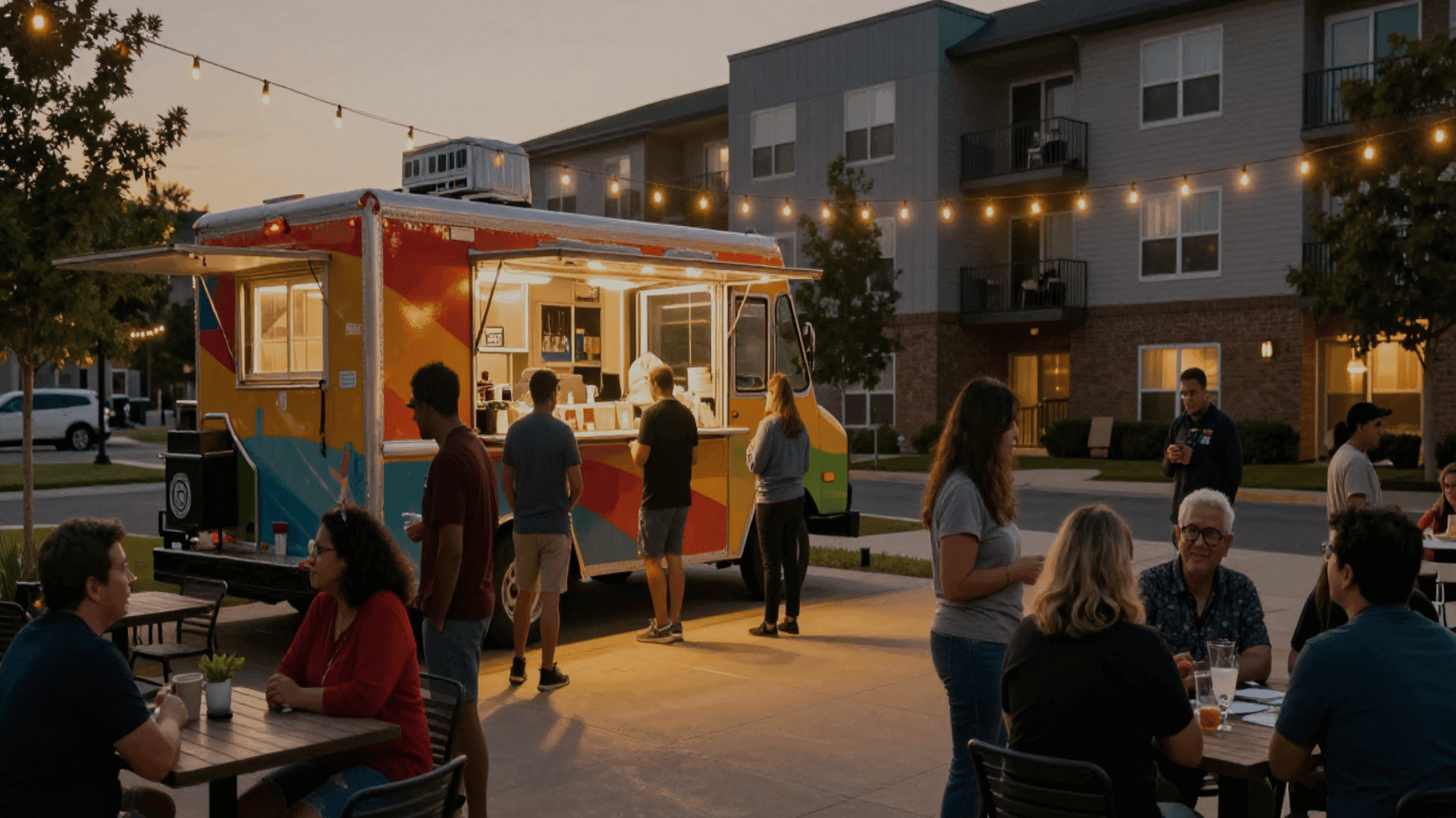 Residents gathering around a food truck event at an apartment community during the evening.